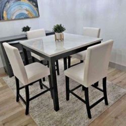 ✅️✅️5 pc dark finish wood white faux marble top square counter height dining table set. This set includes the table and 4 - side chairs padded seats✅️