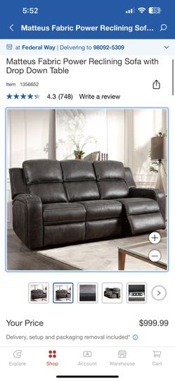 Fabric Power Reclining Sofa with Drop Down Table