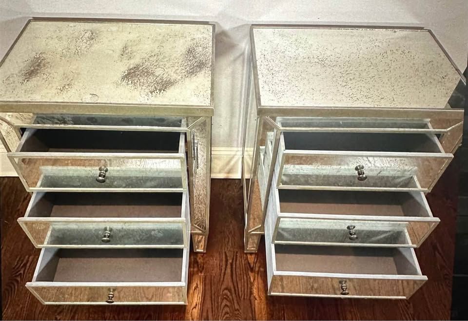 Pair of Mirrored Night/Side tables. Three Drawers. 24.25”L 17.75”D 30.5”H
