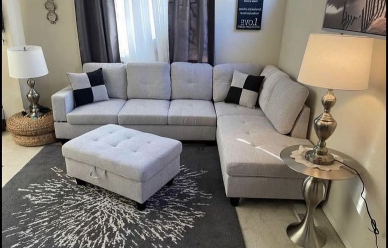 Grey Linen Sectional Couch And Ottoman