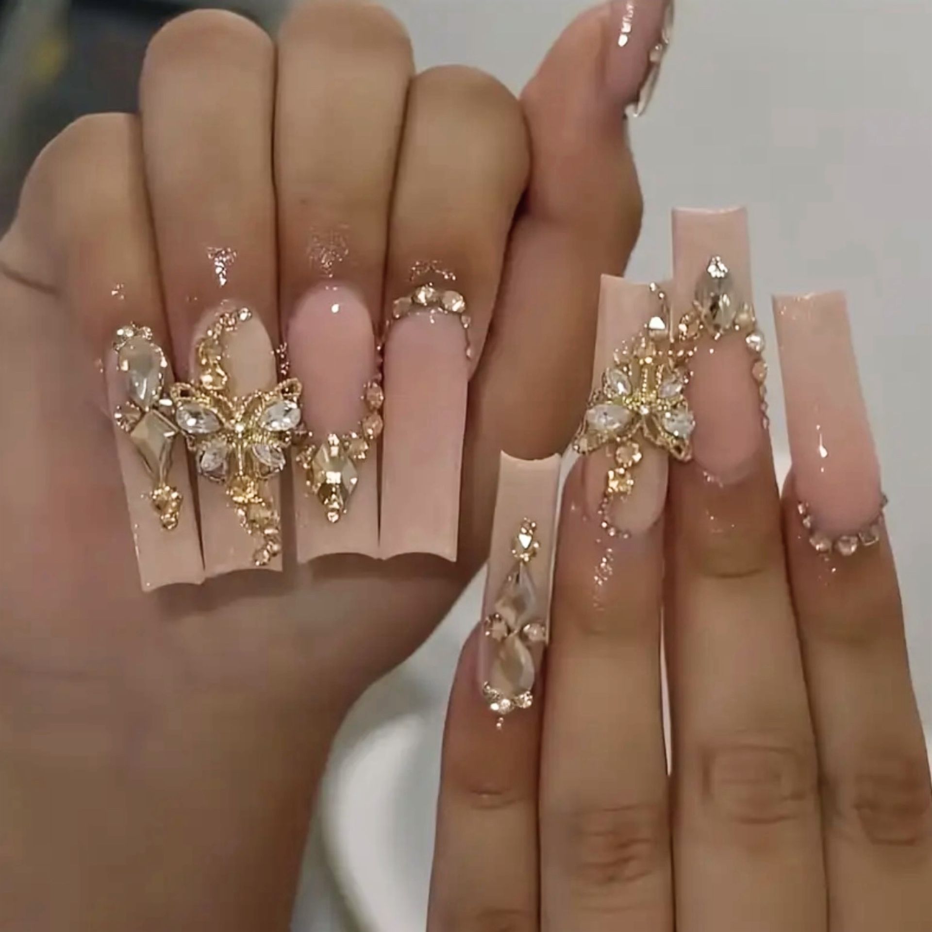 New 24pc Long Nude Glitter 3D Butterfly Diamond Accents Square Shape Fake Nails