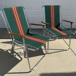 Vintage Mid Century Zip Dee Airstream Folding Chairs — Retro 70s McM Striped Design — **Excellent Condition