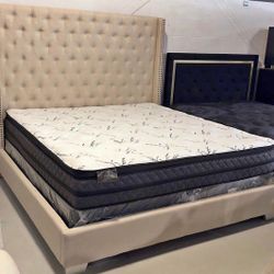 NEW IN BOX- 6Ft King Size Tufted Cream Bed Frame