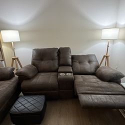 Faux Leather  Sofa Theater Set With Manual Recliner