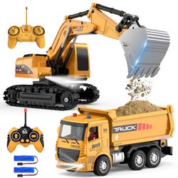 Remote Control Excavator and Dump Truck Toy Set - RC Construction Vehicles Toy with Barricades, Road Signs, Simulated Rocks, Lights and Sounds, Presen