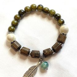 Olive Green Bracelet Silver Feather Charm Brown Turquoise Boho Ceramic Stretchy