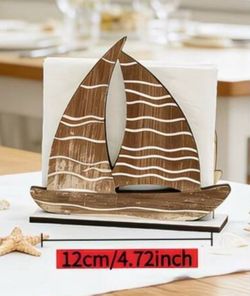 1 Set Wooden Sailboat & Fish Shaped Napkin Holder, Suitable For Beach Lovers, Bathroom, Kitchen, Dining Table, American Country Style Beach Themed Dec