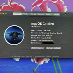 Apple iMac 21.5" Desktop - ME086LL/A 2.7 GHz Core i5 8GB RAM 1.12TB Fusion Drive - NT152