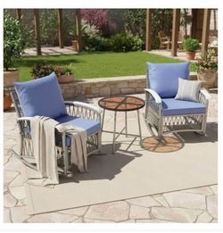 Assembled new 3-Piece Metal Patio Conversation Set with Blue Cushions and Glass Table