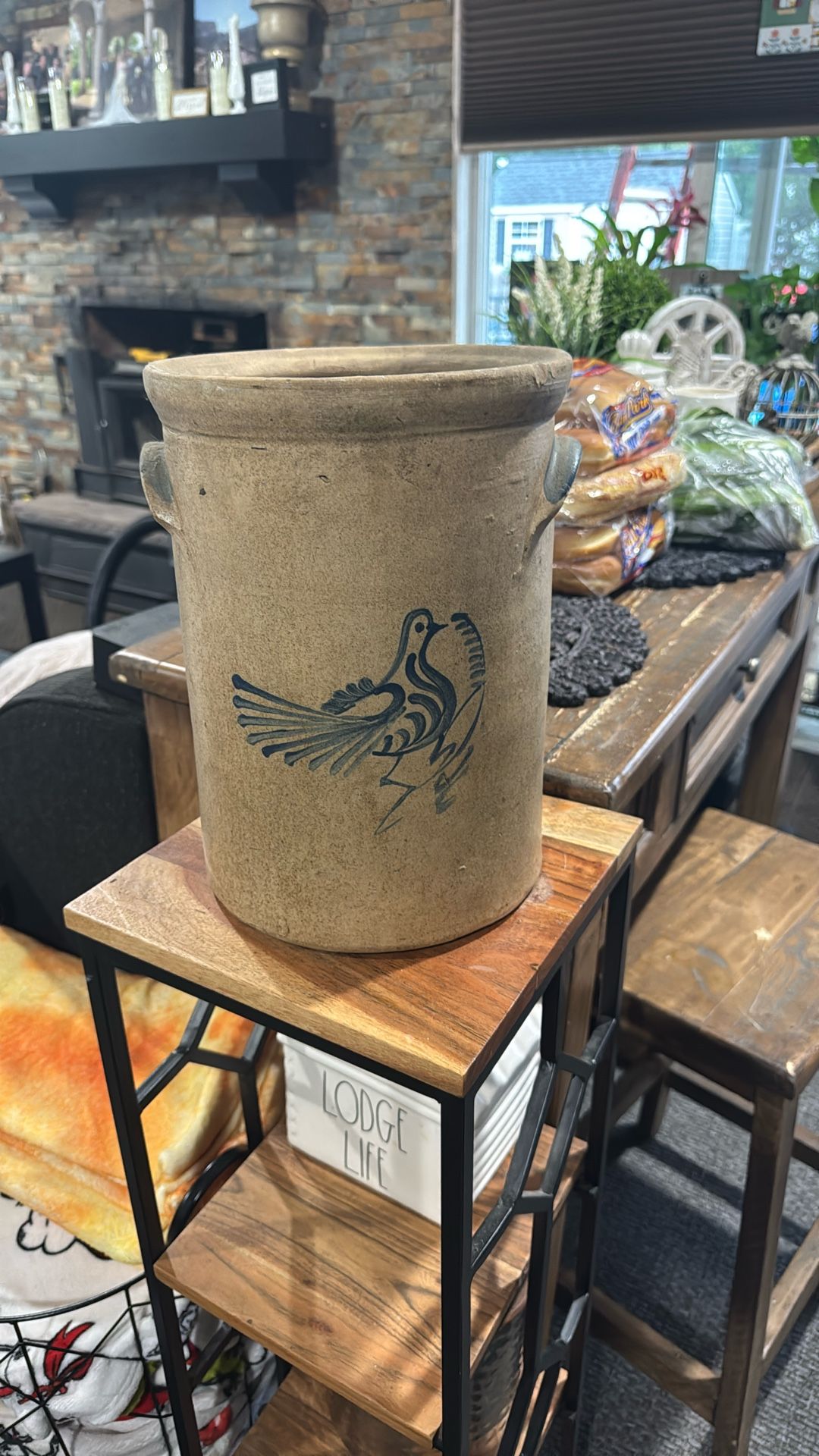 Antique Stoneware Rare Bird Crock
