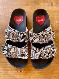 Authentic Moschino Logo Leather Slide Sandals Birkenstock Style Size 36 US 5.5-6