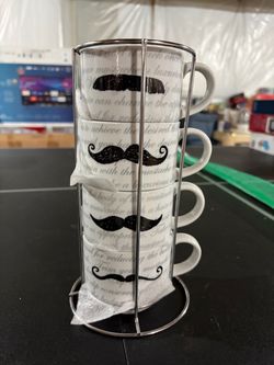 Pier 1 Imports Porcelain Mustache Stacking Mugs Set of 4 with Metal Rack