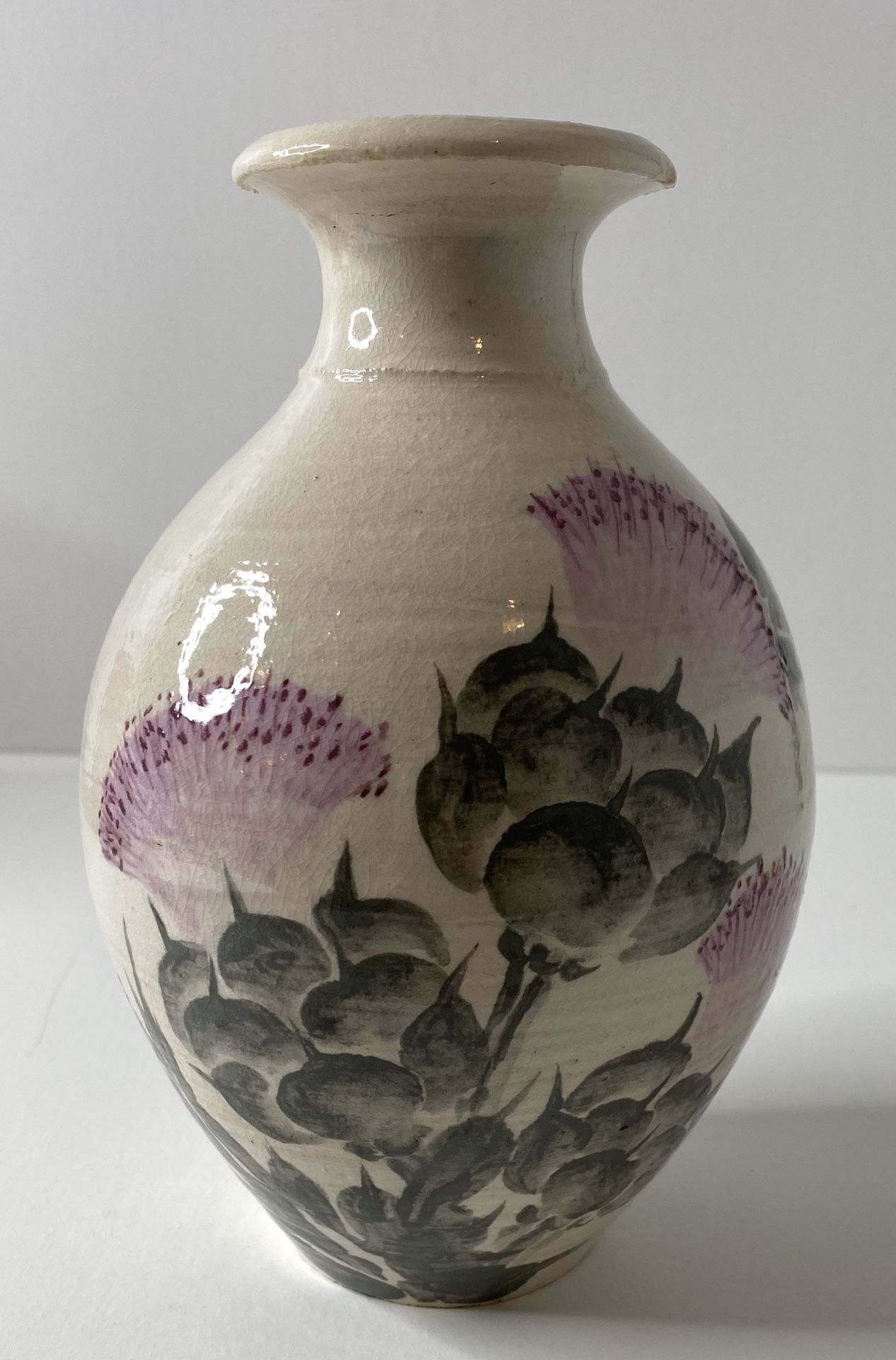 Pottery Vase With Purple And Gray Flowers