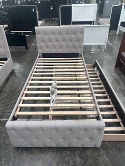Light brown Tufted Upholstered Sleigh Bed Frame with mattresses