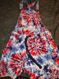 Red white and blue tie die overalls