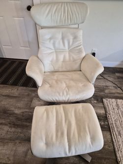 White Faux Leather Swivel Recliner + Ottoman — Works Great