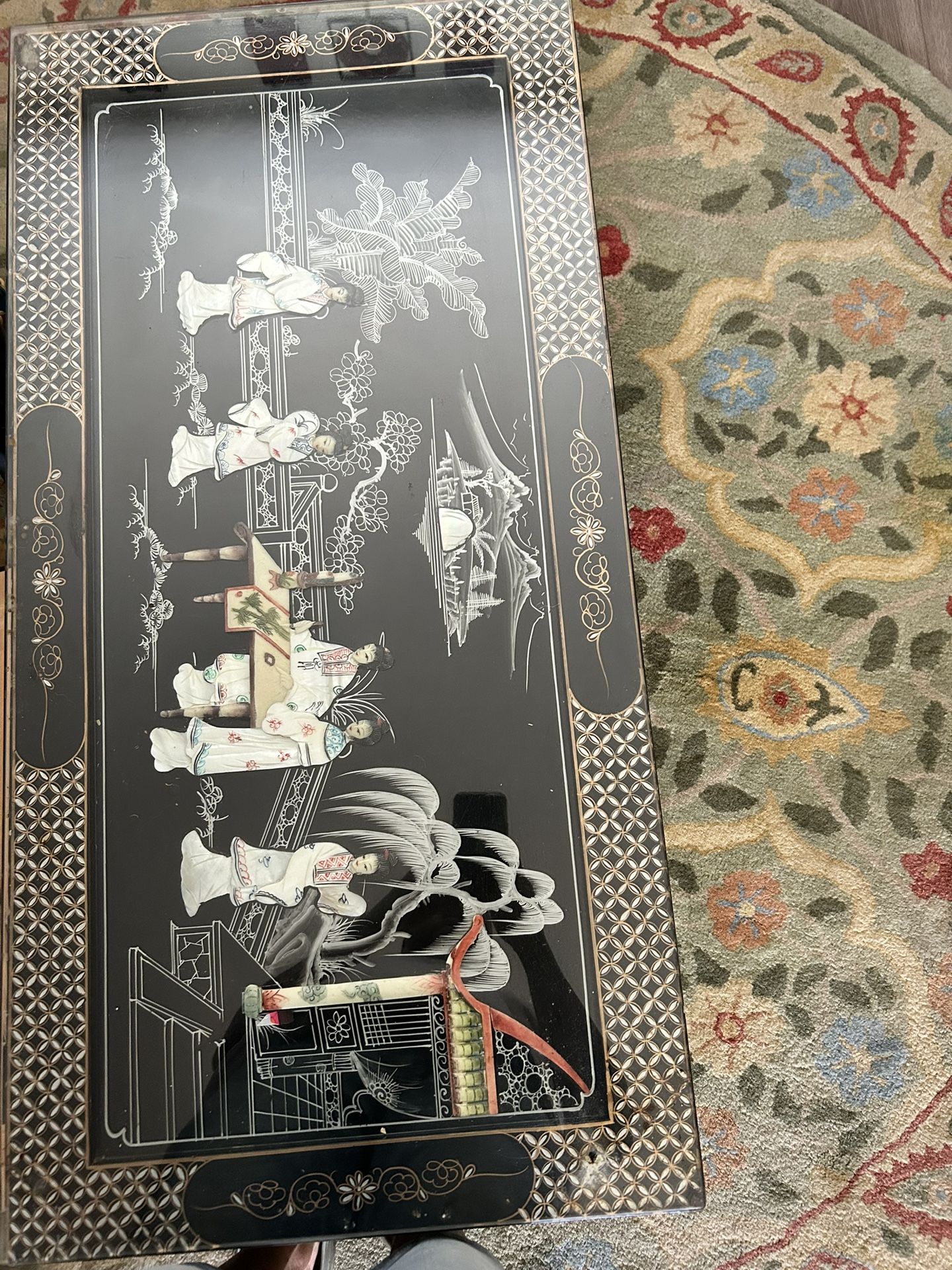 Vintage Asian black lacquer coffee table with mother-of-pearl inlay