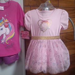 Lot Of 3 Pcs Unicorn Dress, Tshirt & Short For Girl Size 18 Months. New W Tags