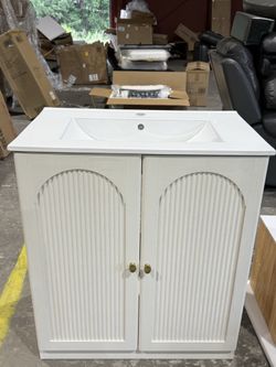 30 Inch Bathroom Vanity with Sink, Arched Bathroom Vanity Cabinet with Ceramic Basin, Modern Fluted Bathroom Vanity w/Adjustable Shelf(White)💰250$  
