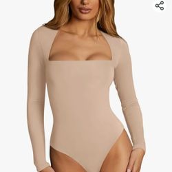 REORIA Womens Sexy Square Neck Double Lined Seamless Shirt Stretchy Long Sleeve Bodysuit