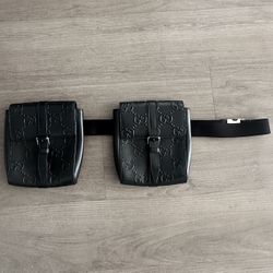 GUCCI Black Embossed Perforated Leather Double Belt Bag