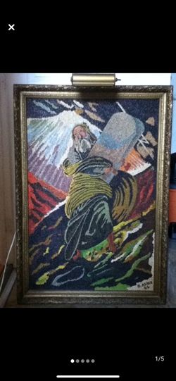 Vintage B. Asmin 1966 Framed Textured Art.  Moses with the 10 Commandments