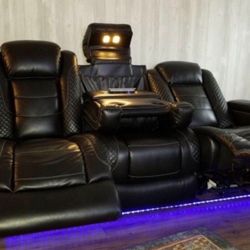 Black Party Timer Power Reclining Sofa👉 Headrest & LED Lights & USB Port&Cup Holders💥 Brand New💯