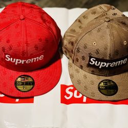 NEW 2018 Supreme SS18 Box Logo Red Monogram New Era Hat S 7 5/8 Rare  AUTHENTIC