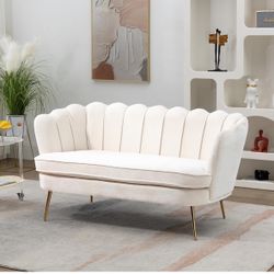 59" Wide Modern Boucle Loveseat Small Sofa Small Mini Room Couch 2-Seater Sofa with Gold Metal Legs for Space Office Studio Apartment Bedroom (Beige)