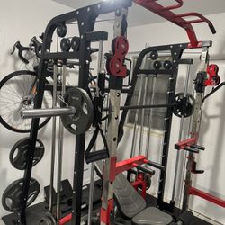 Mikolo Smith Machine, Marcy Foldable Bench, 255 lbs Fitness Gear Weights with 45 lbs Olympic Barbell, and Foam Pads