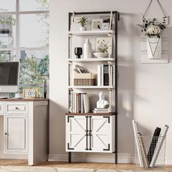 Farmhouse Bookshelf with Storage,71" Tall Industrial Bookcase with Shelves and Cabinet,5 Tier,Wall Mounted Ladder Shelf with Display Rack for Bedroom,