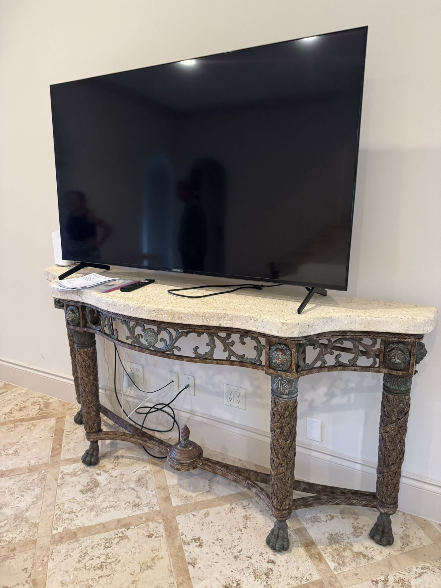 Vintage Maitland Smith Bronze And Metal Console Table With Stone-Top - 78” x 20” x 38”  - Excellent Condition- Retail: $4400