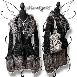 Vintage Y2K Vertigo Black and White Faux Fur Trim Long Cardigan/Penny Lane