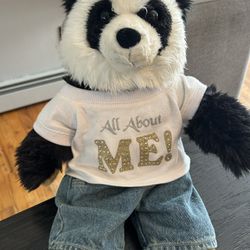 White and gold panda bear with "All About Me" shirt 