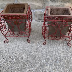 Red Wire Plant Planners With Concrete Pots In The Middle