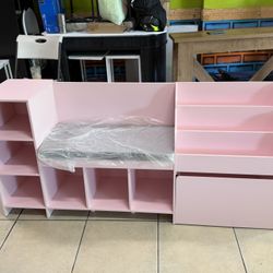 HOSTACK 67" Kids Reading Nook with Bench, Kids Bookshelf and Bookcase with Seat Cushion and 6 Storage Cubbies, Toy Storage Box on Wheels, Toy Chest fo