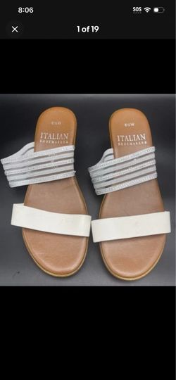 Italian Shoemakers White Leather Strap Rhinestone Strap Slip Wedge Sandals 6.5W
