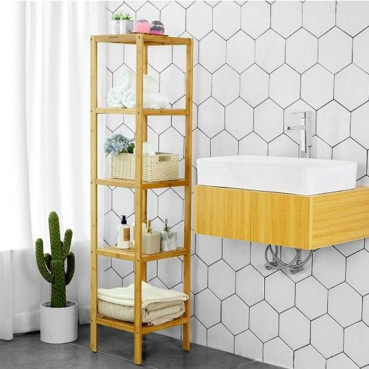5-Tier Bamboo Bathroom Shelf, Freestanding Narrow Shelf Unit, Multifunctional Storage Shelf, New