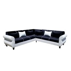 BRAND NEW 9x9ft SECTIONAL SOFA, BLACK FABRIC COMBO, WHITE LEATHER