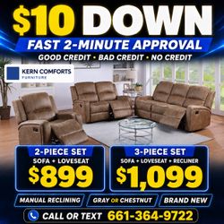 🛋️ New Manual Reclining Sofa Set – 2 or 3 Piece $10 Down