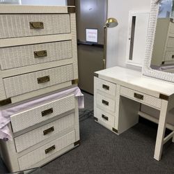 2 Dressers And Desk - Brass Hollywood Regency Three Drawer Campaign Chest - Lea Furniture- Vintage - Delivery Available For A Fee