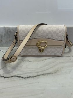 Coach Signature Jacquard Crossbody Bag Beige Leather Women's Shoulder