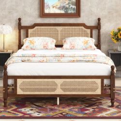 Haldor Queen Size Wood Platform Bed with Rattan Headboard and Footboard