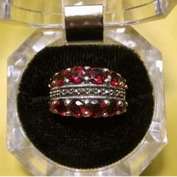 Red Garnet & Marcasite Sterling Silver Ring
