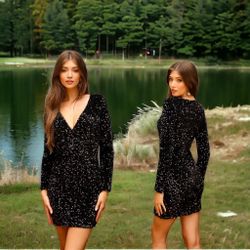 New With Tags Long Sleeve Black Sequin Short Formal Dress & Homecoming Dress $105