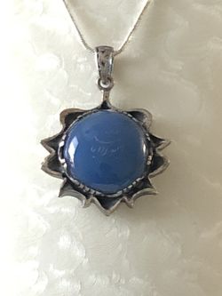 Pendant necklace custom made silver silver, engraved blue Agate ,22” chain, NEW NEVER BEEN USED