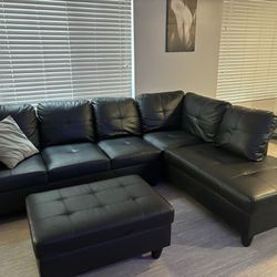Faux Leather Sectional Chaise Sofa W/ Storage Ottoman