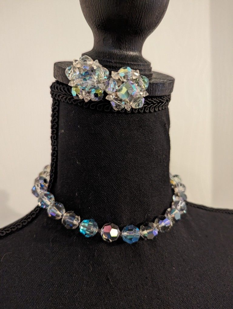 Vintage Austrian Aurora Borialis Crystal Choker Necklace With Matching Clipon Earrings
