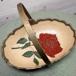 Vintage Brass Basket Rose Painted Jewelry Dish With Handle