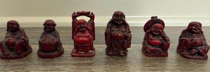 Set of 6 Red Resin Laughing Buddha Figurines